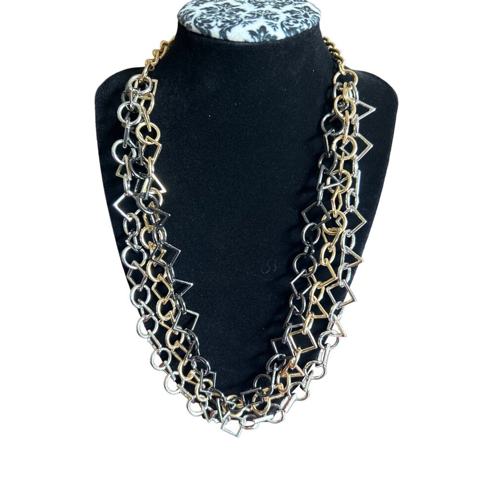 Geometric Links Multi-Layered Statement Necklace Gold Black Silver Adjustable